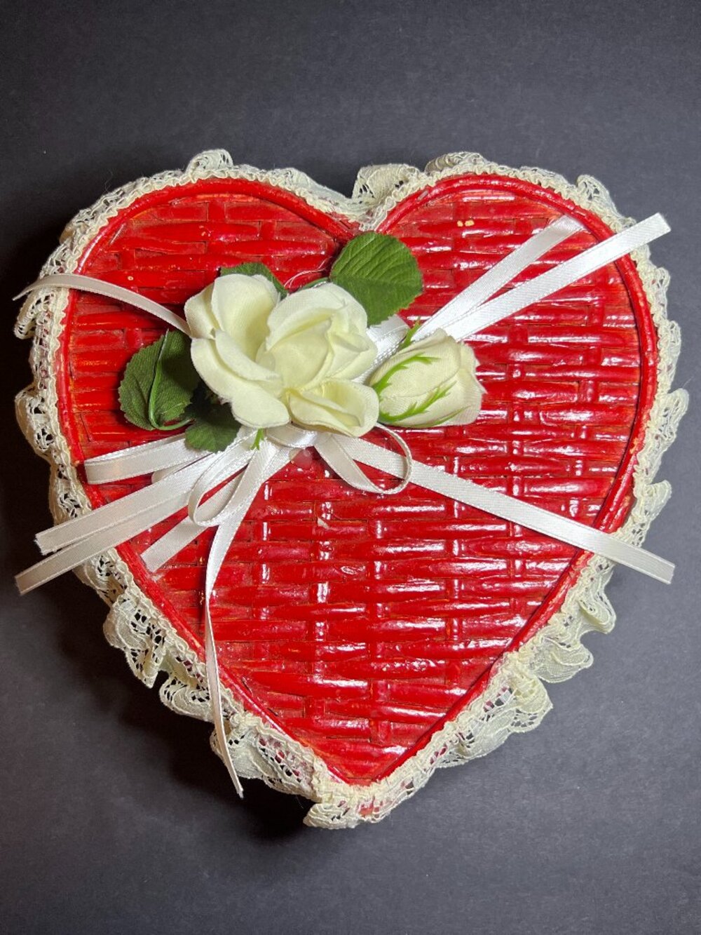 Vintage Handcrafted Red Wooden Floral Lace Trim Heart Shaped Trinket Box 3 x 8"